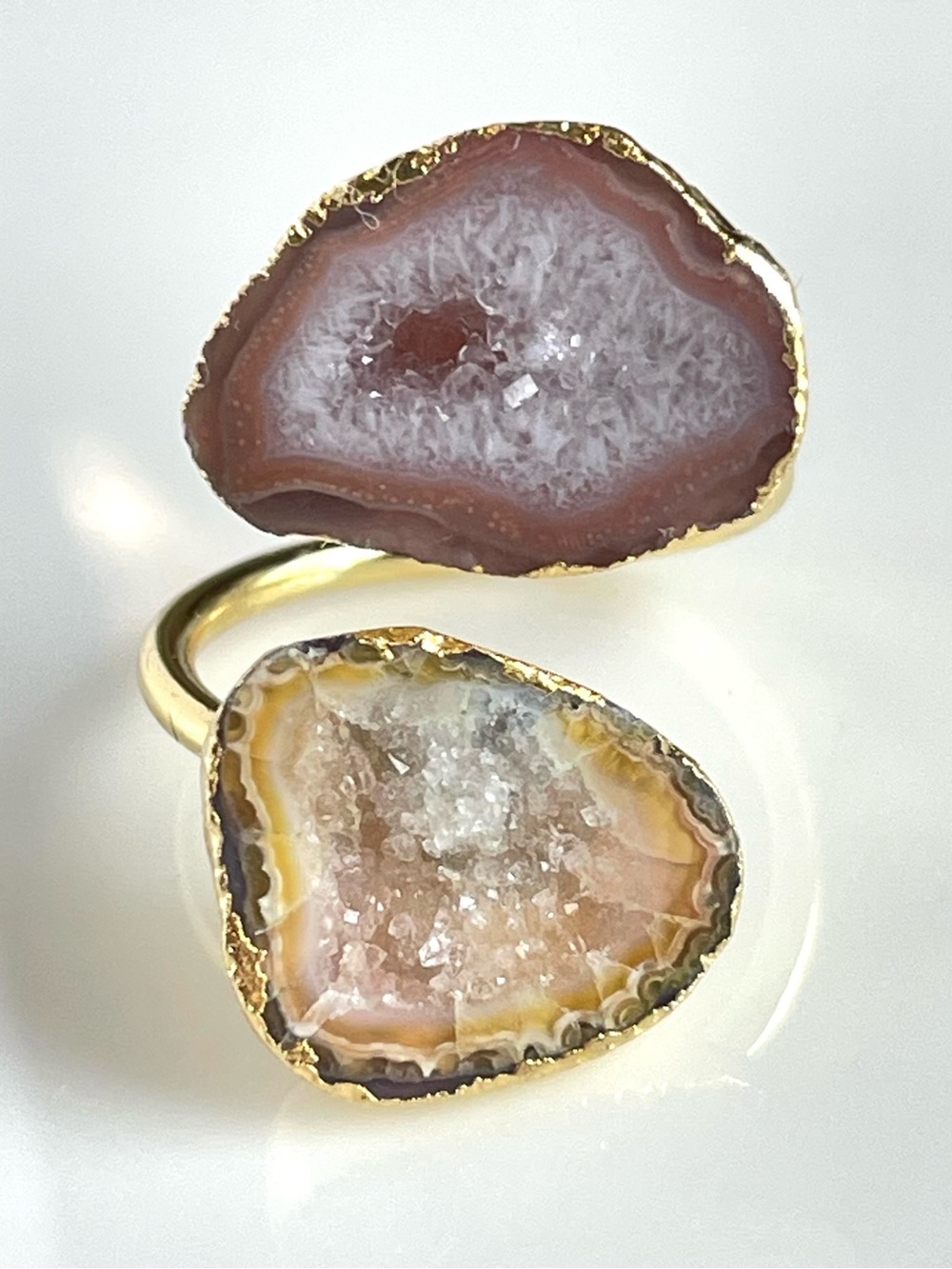 18K Gold Plated Yellow & Brown Agate Druzy Wrap Ring